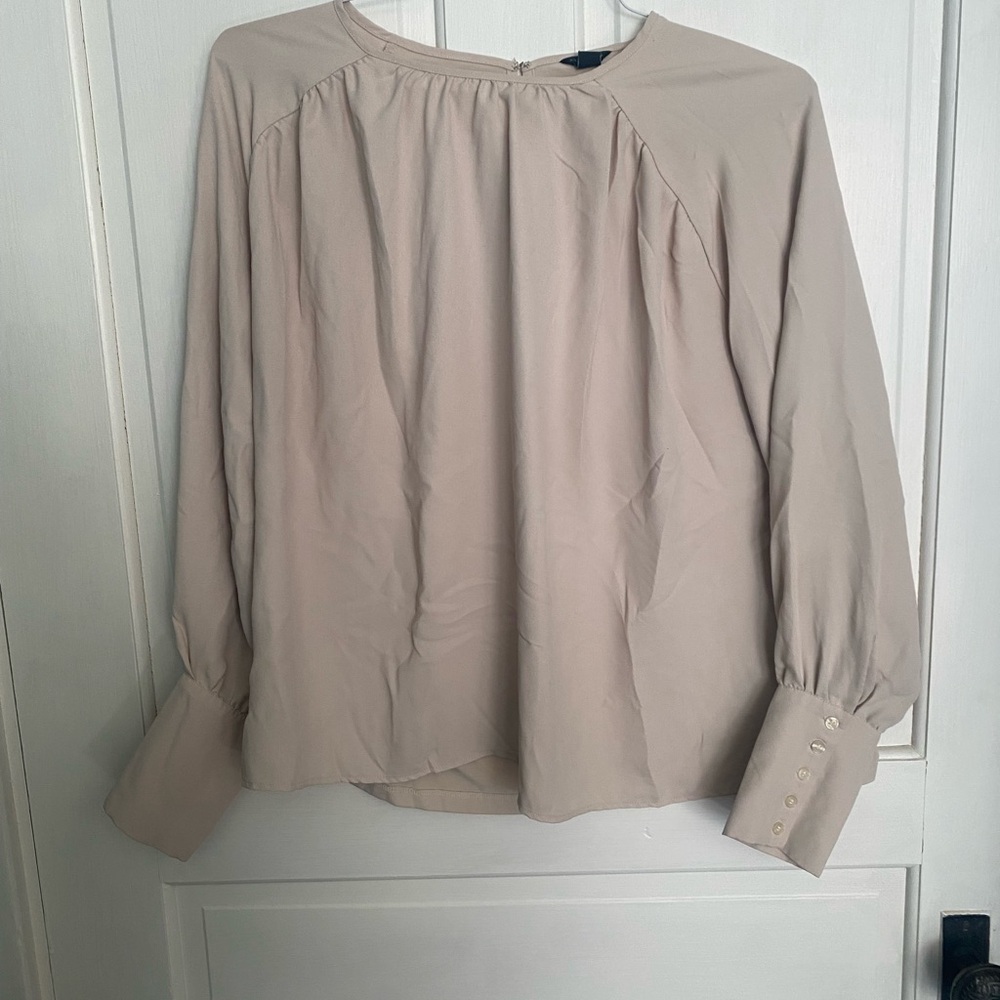 Ann Taylor Light Beige Long-Sleeve Gathered Neck Blouse